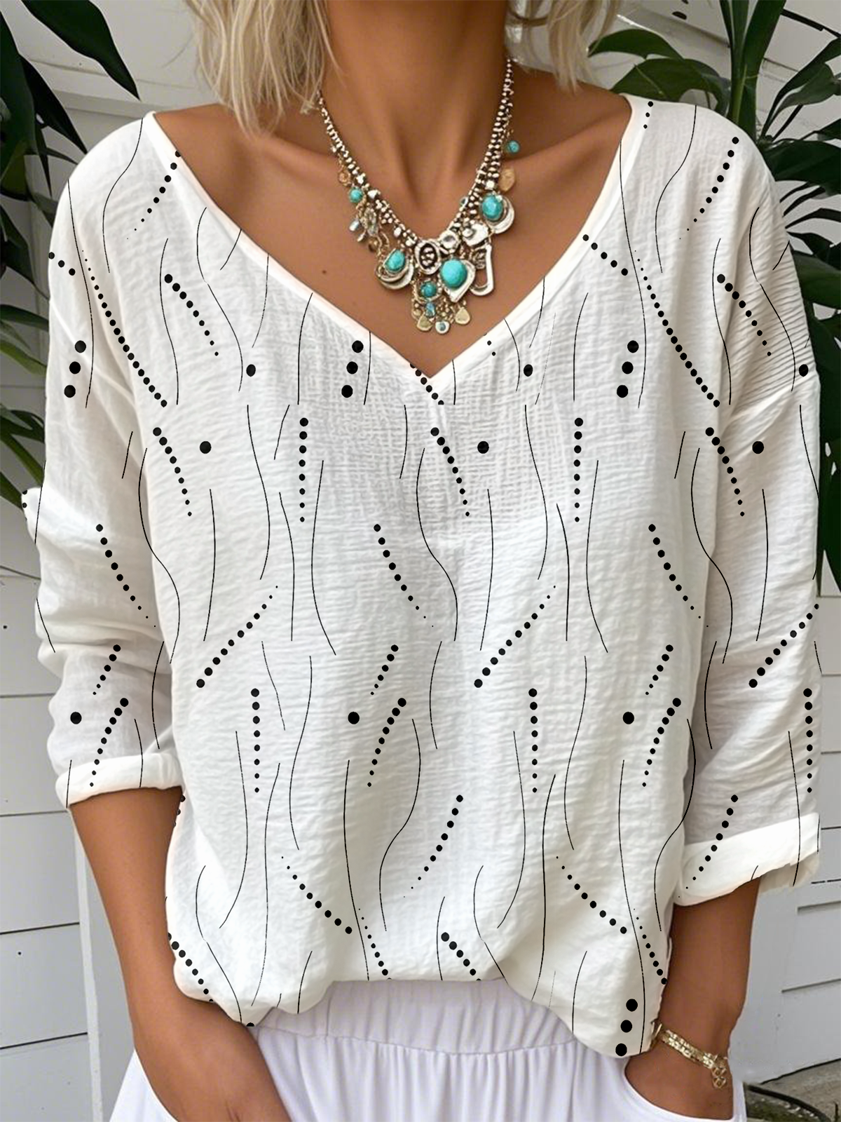 Print Casual V Neck Long Sleeve T-Shirt