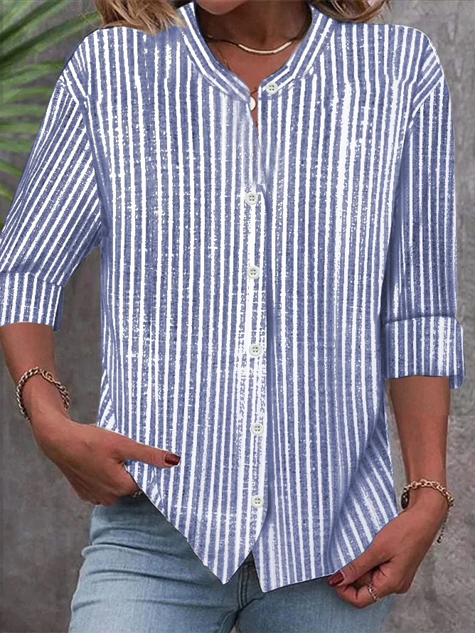 Women's Stand Collar Long Sleeve Striped Shirt
