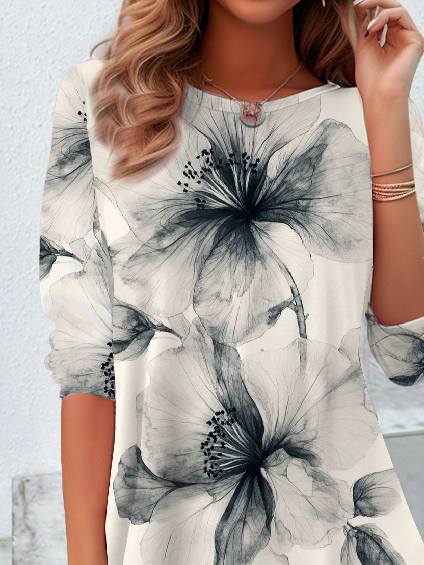 Women's Floral Print Casual Crew Neck Long Sleeve Tunic Waist Tee