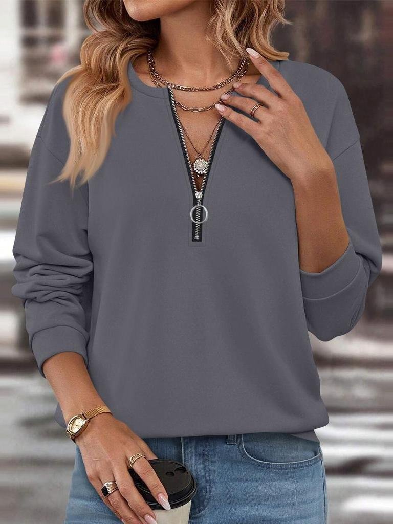 Women's Solid Color Long Sleeve Front Center Zipper Sweatshirt