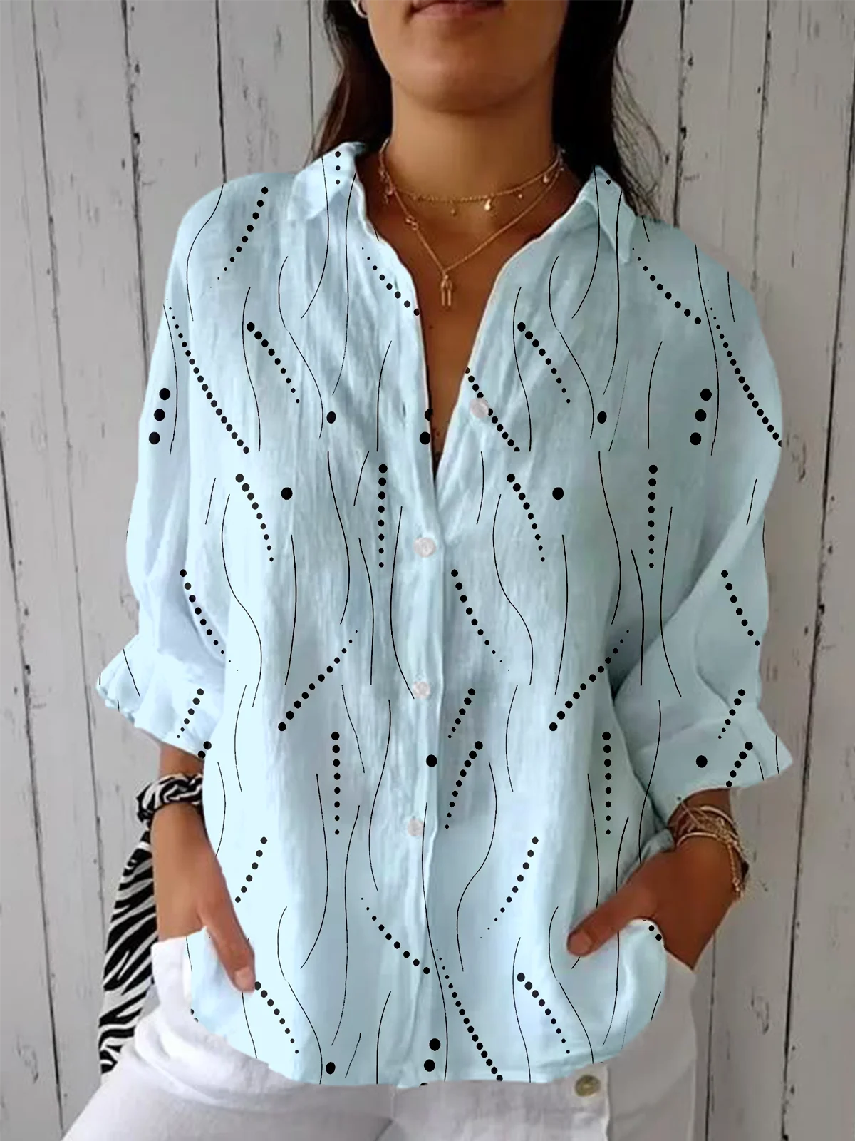 Women's Simple Abstract Polka Dot Striped Mid-Sleeve Shirt
