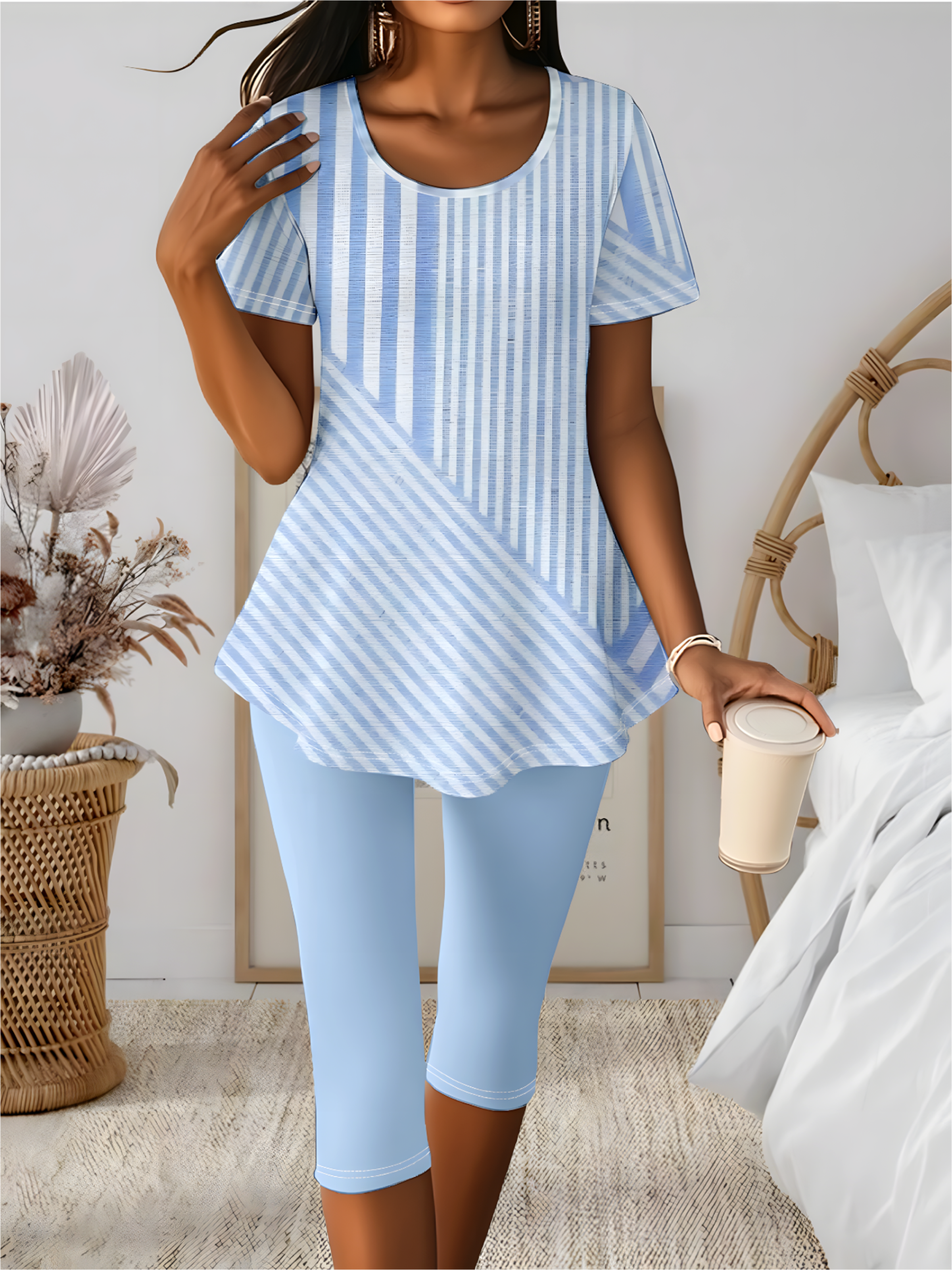 Regular Fit Crew Neck Casual Striped Two-Piece Set