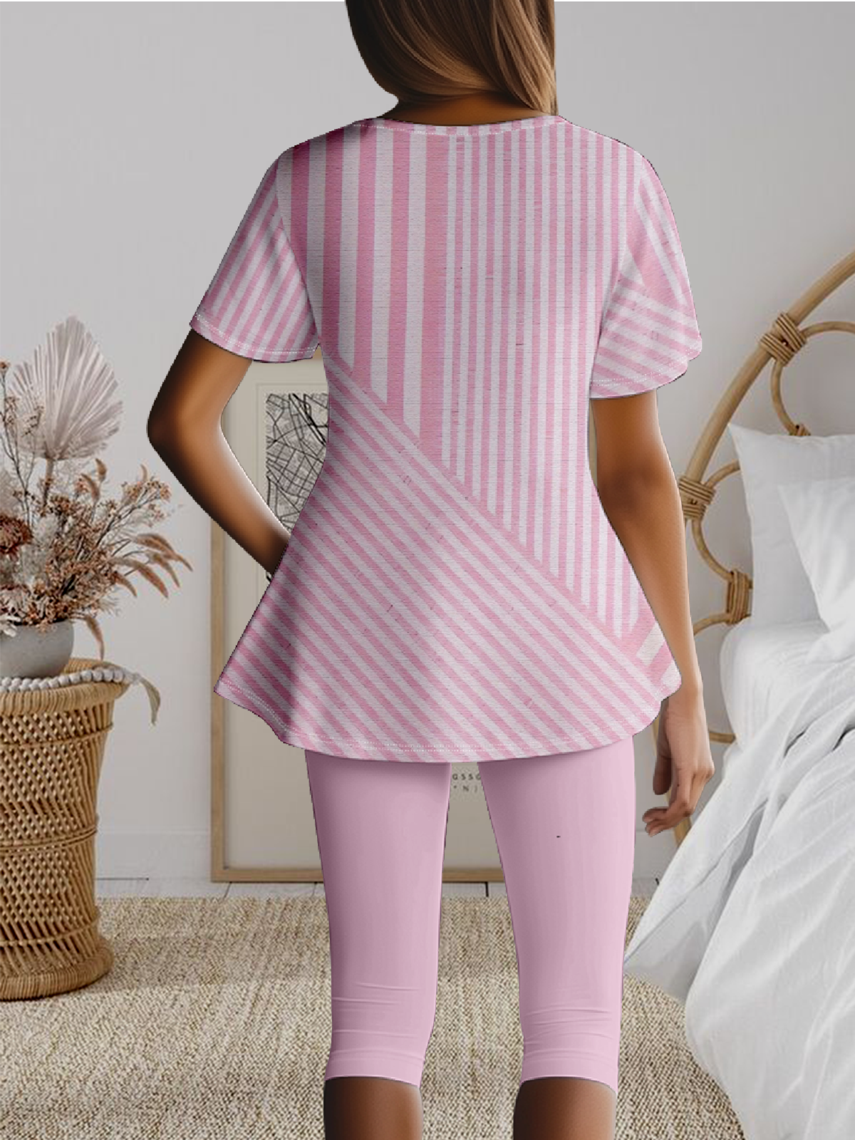 Regular Fit Crew Neck Casual Striped Two-Piece Set