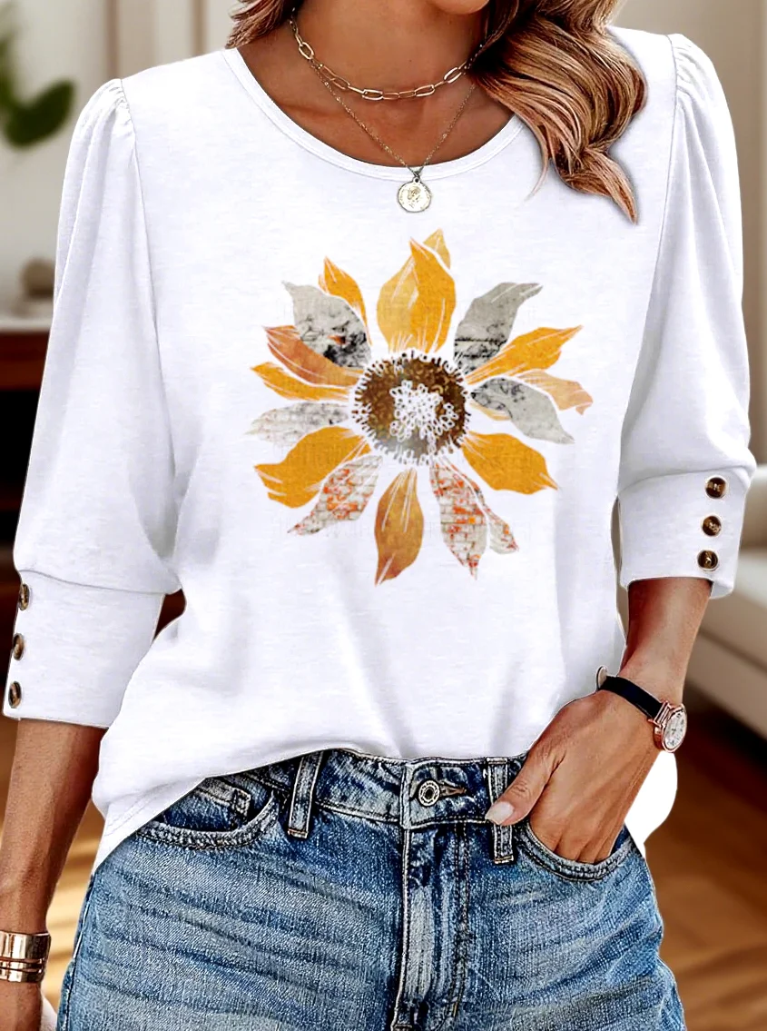 Casual Crew Neck Floral Regular Fit T-Shirt