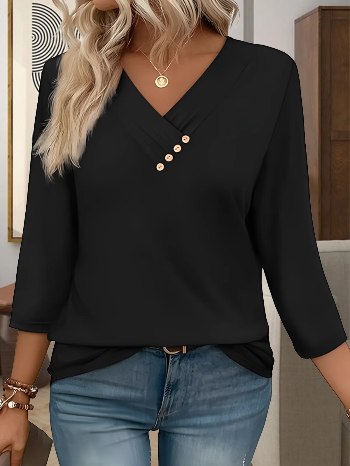 Cotton Casual V Neck Plain T-Shirt
