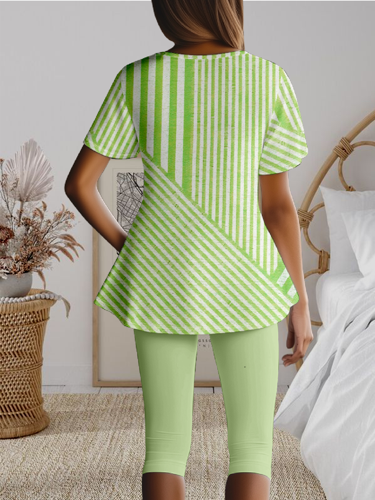 Regular Fit Crew Neck Casual Striped Two-Piece Set