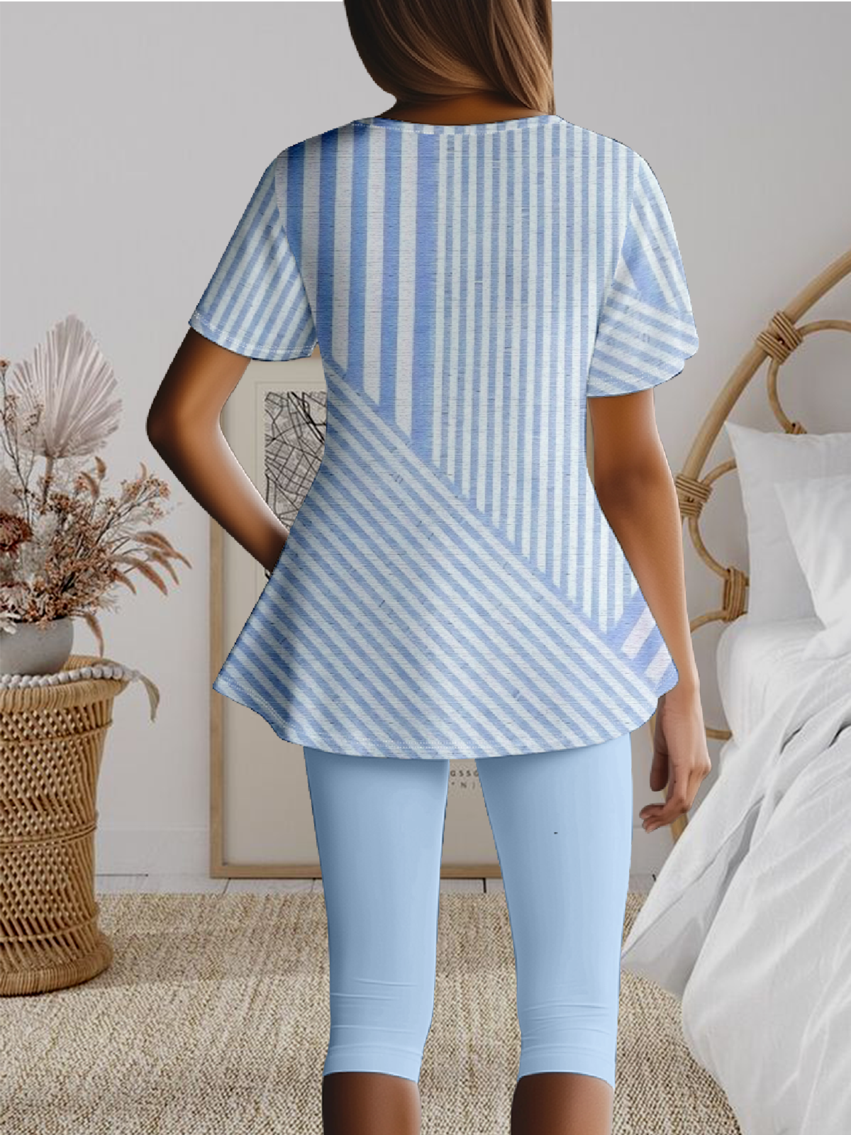 Regular Fit Crew Neck Casual Striped Two-Piece Set