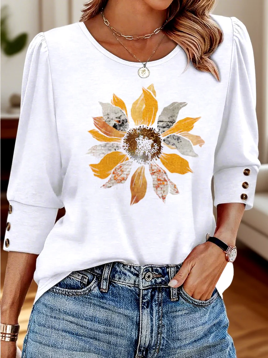 Casual Crew Neck Floral Regular Fit T-Shirt