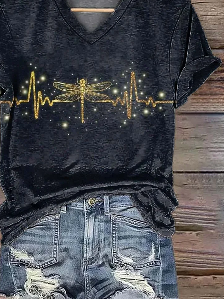 Women's Short Sleeve T-shirt Summer Black Dragonfly Printing V Neck Daily Going Out Casual Top