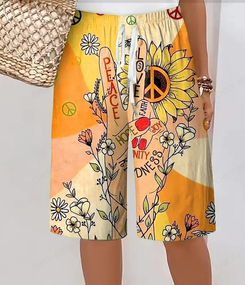 Women's Hippie Peace Love Art Printed Cotton And Linen Casual Pants