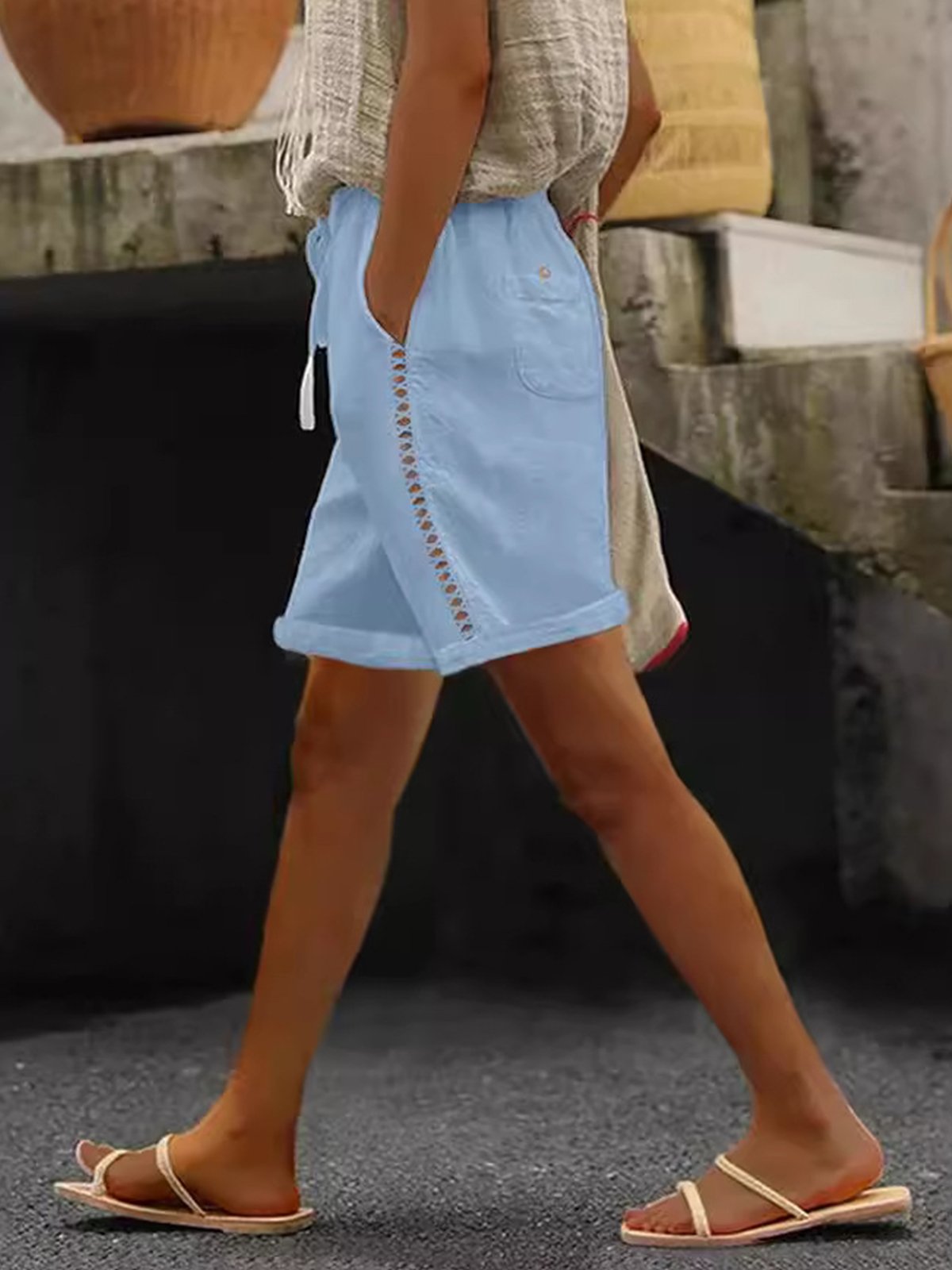 Casual Plain Lace Straight Pants Shorts