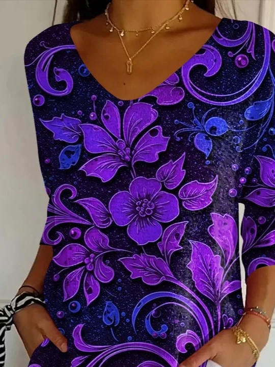 Women's Alzheimer's Disease Floral Print V-Neck T-Shirt