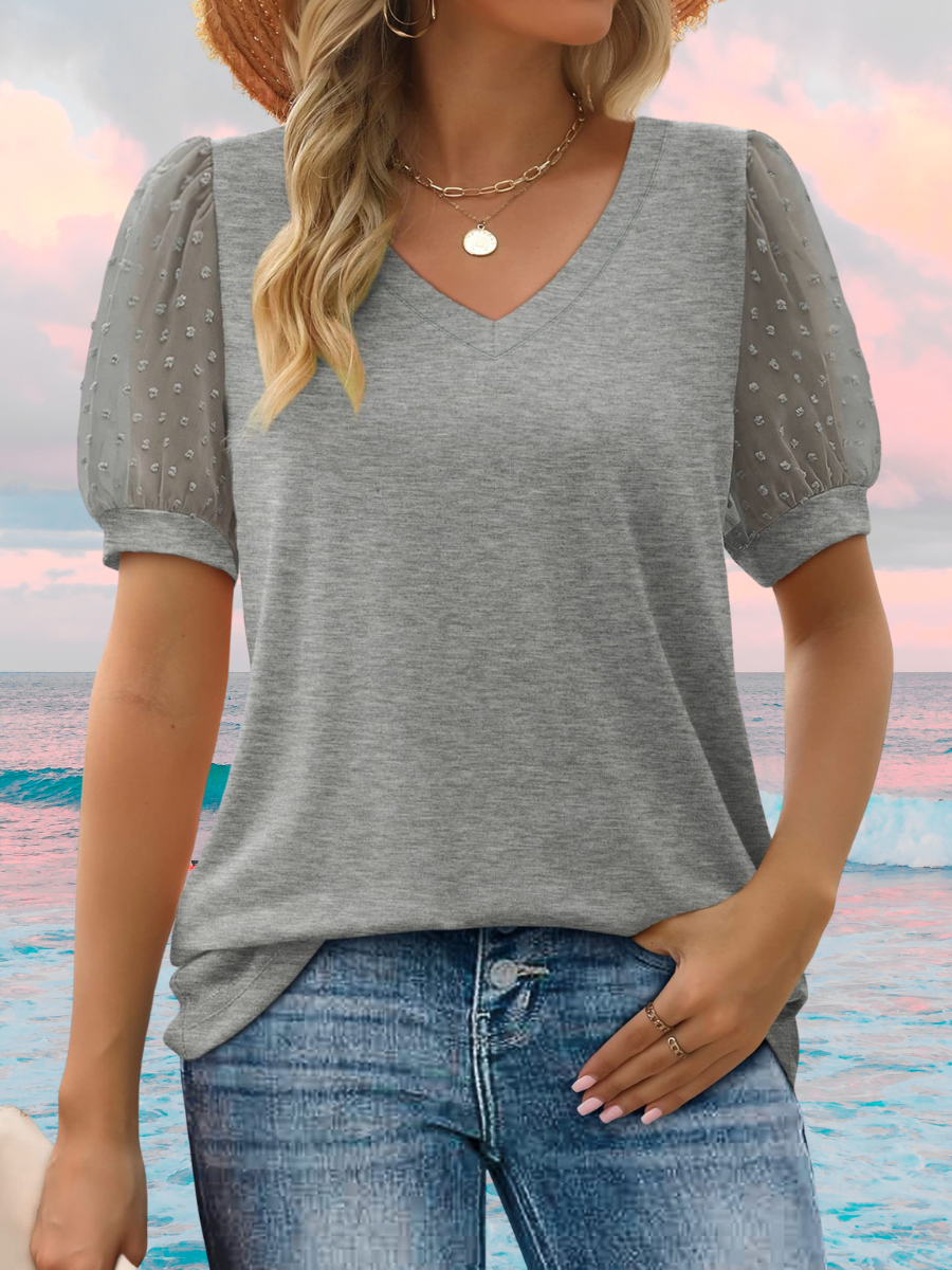 Women's Short Sleeve T-shirt Summer Green Plain Jacquard V Neck Puff Sleeve Daily Going Out Casual Top