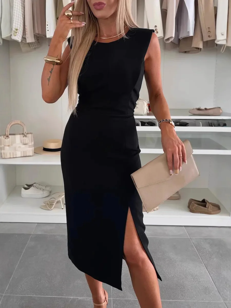 Women's Short Sleeve Summer Red Plain Split Joint Crew Neck Daily Going Out Casual Midi A-Line Tank Dress