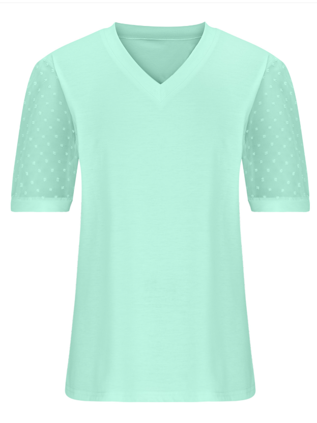 Women's Short Sleeve T-shirt Summer Green Plain Jacquard V Neck Puff Sleeve Daily Going Out Casual Top