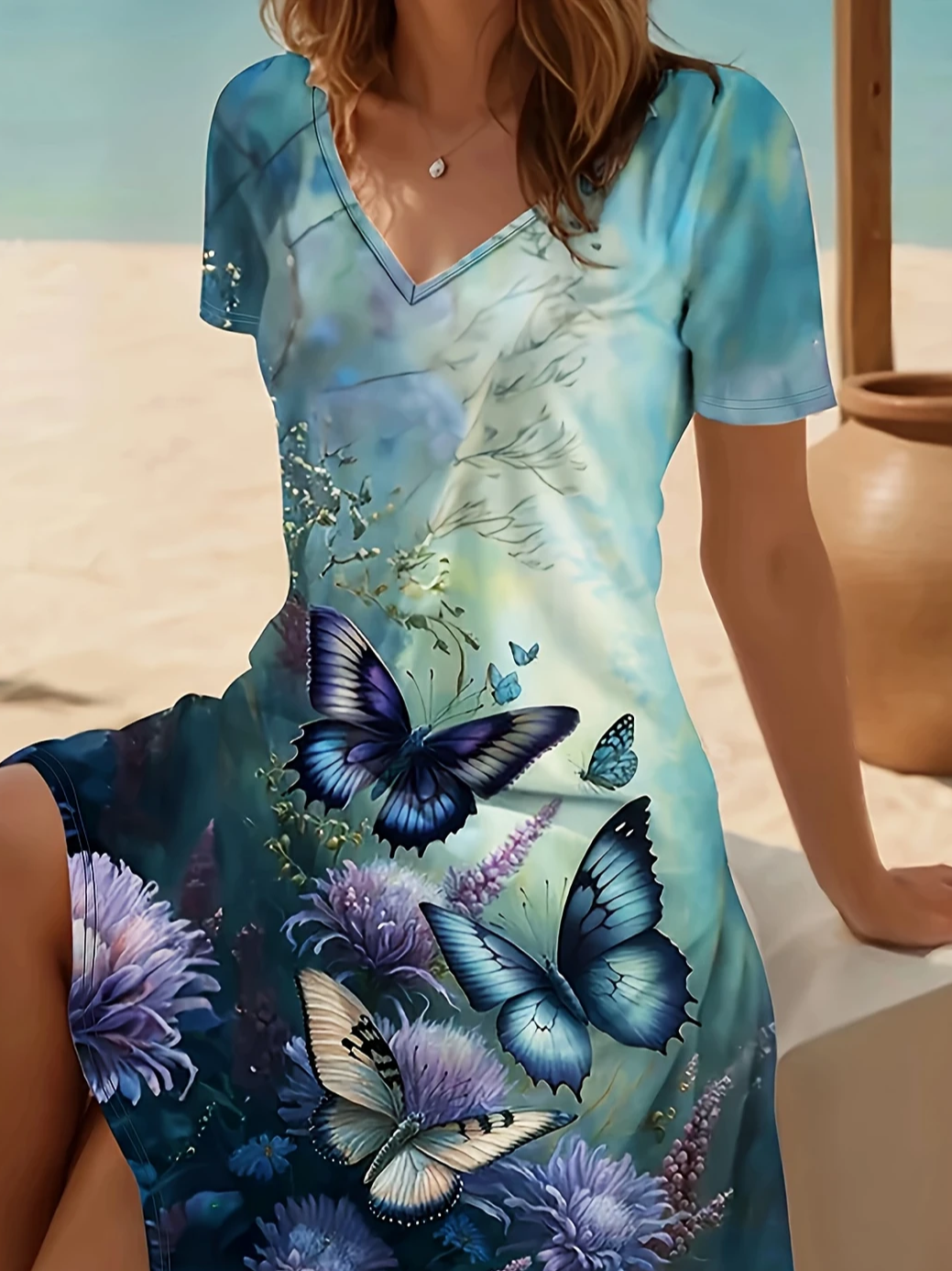 Women's Short Sleeve Summer Cyan Floral Printing V Neck Daily Going Out Casual Midi A-Line Fit & Flare Dress Dress