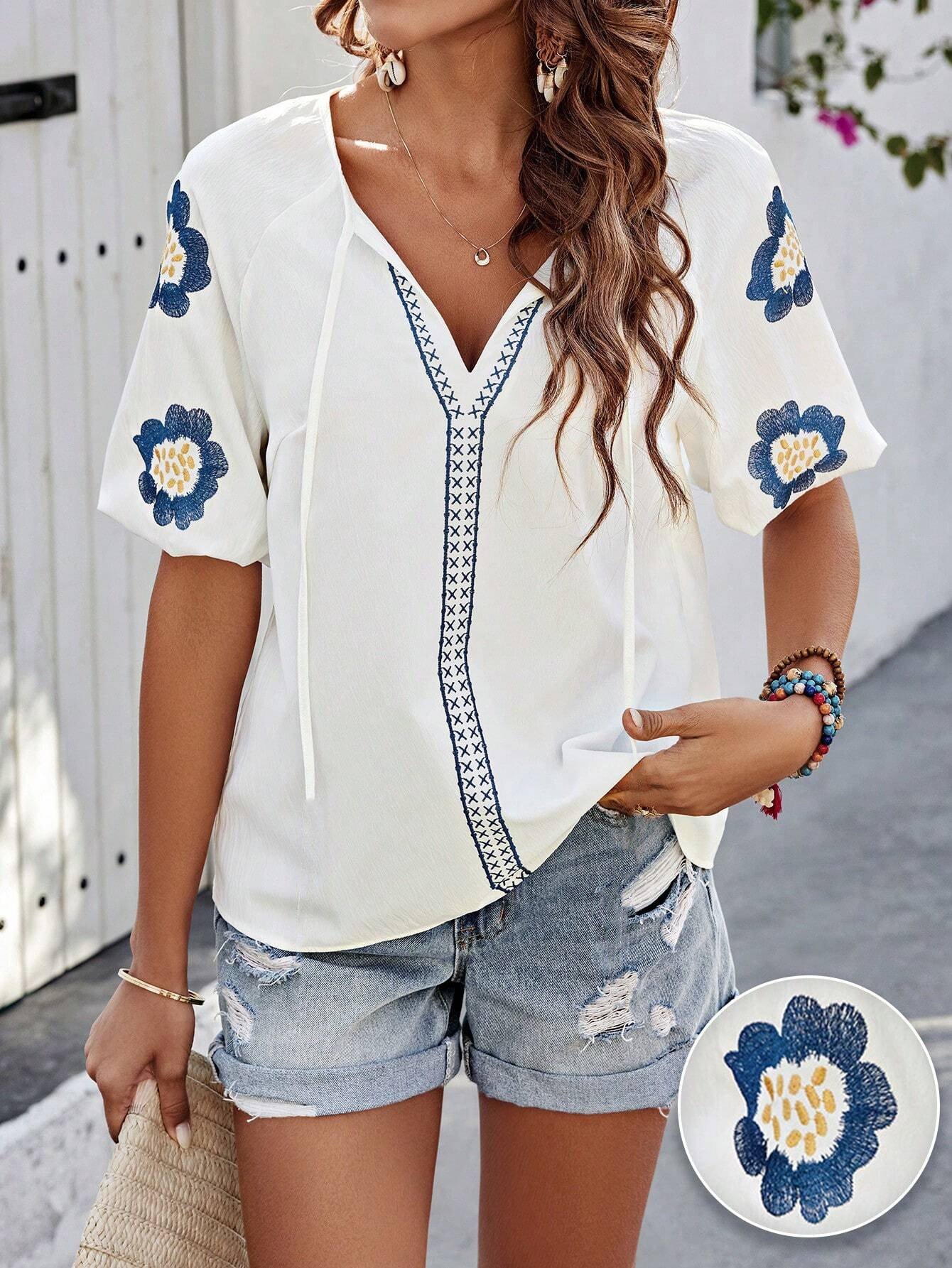 Women's Half Sleeve Shirt Summer Light Blue Plain Split Joint V Neck Daily Going Out Casual Top