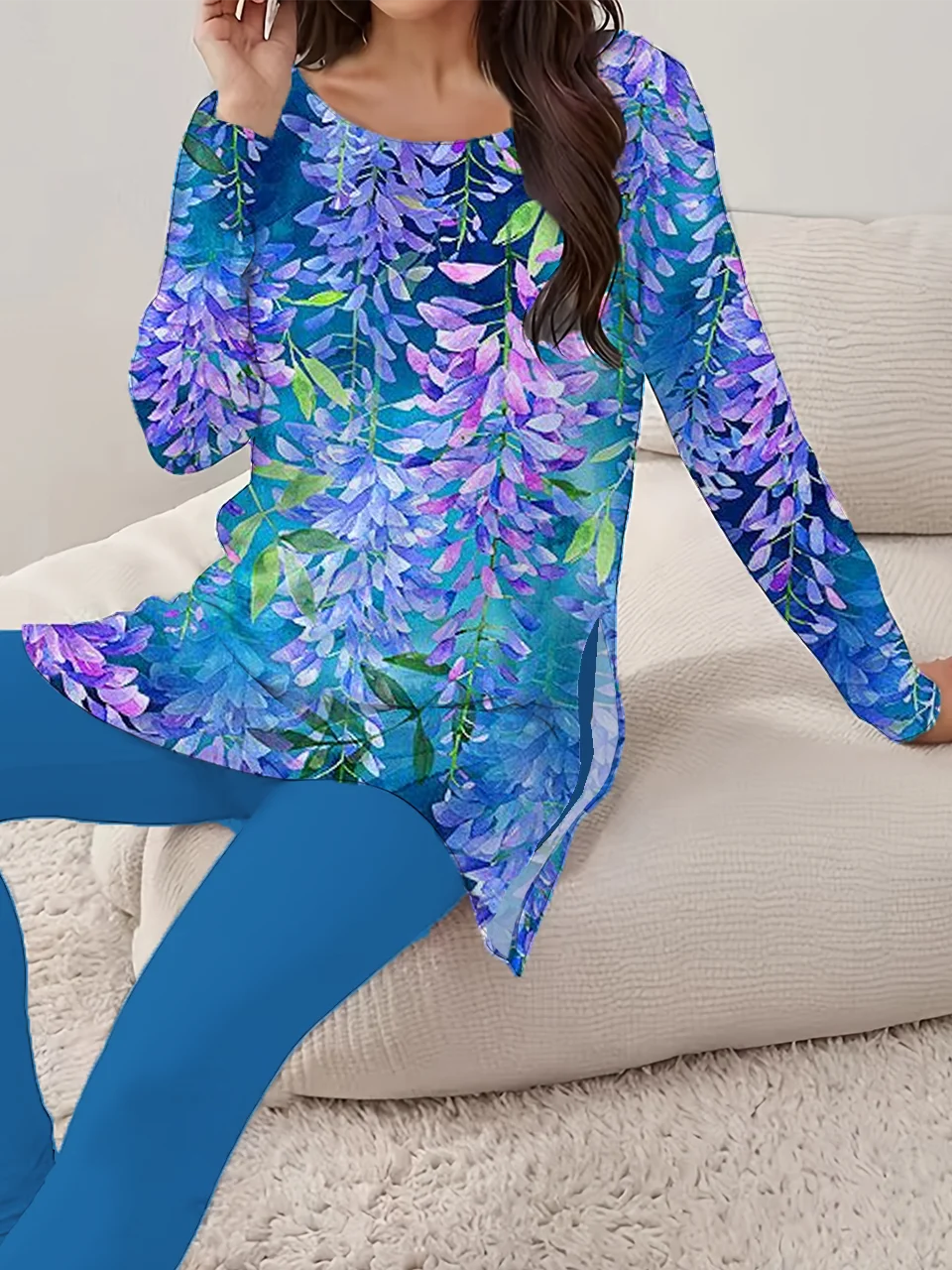 Women's Floral Print Long Sleeve T-Shirt Leggings Two-Piece Set