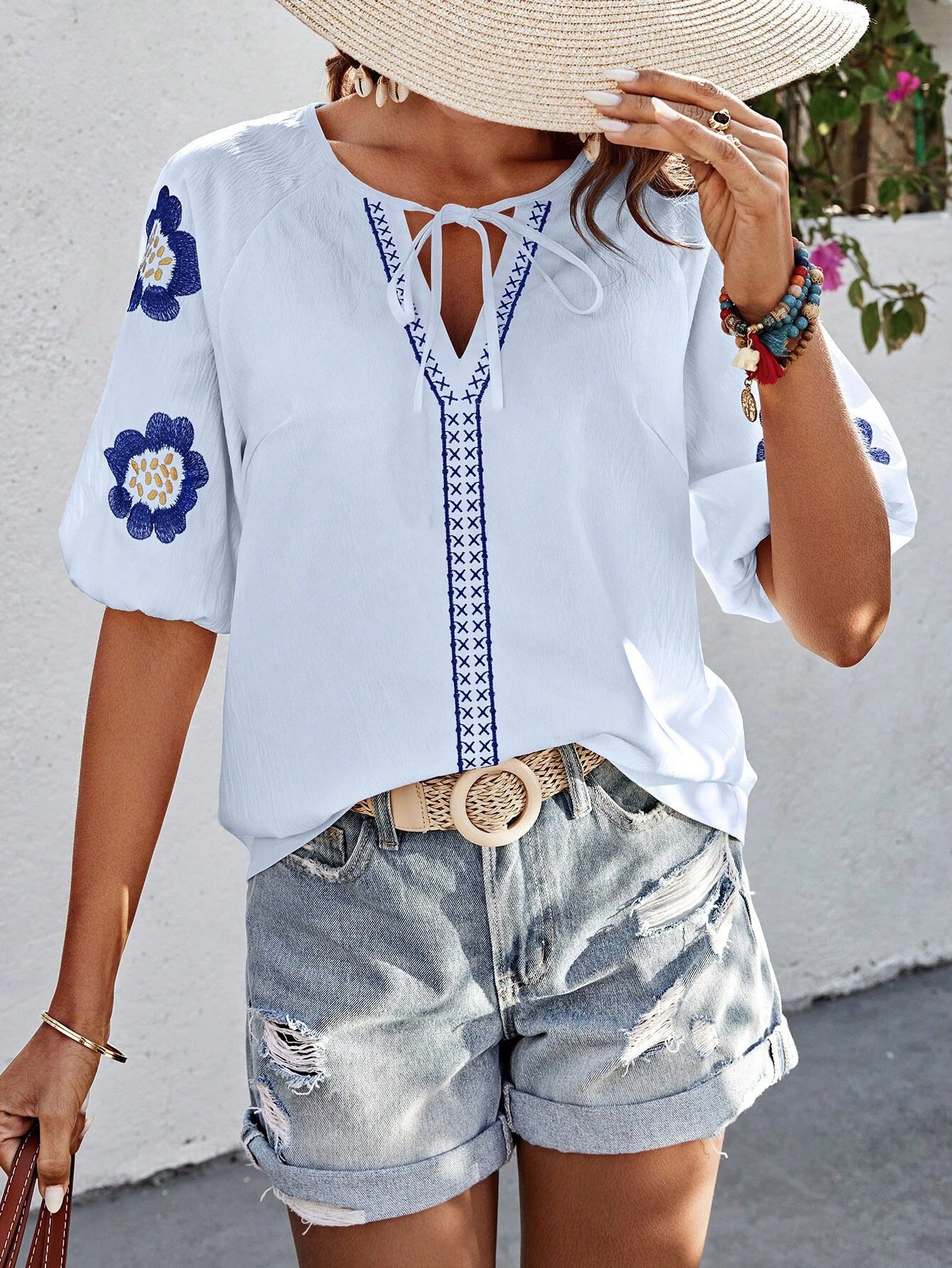 Women's Half Sleeve Shirt Summer Light Blue Plain Split Joint V Neck Daily Going Out Casual Top