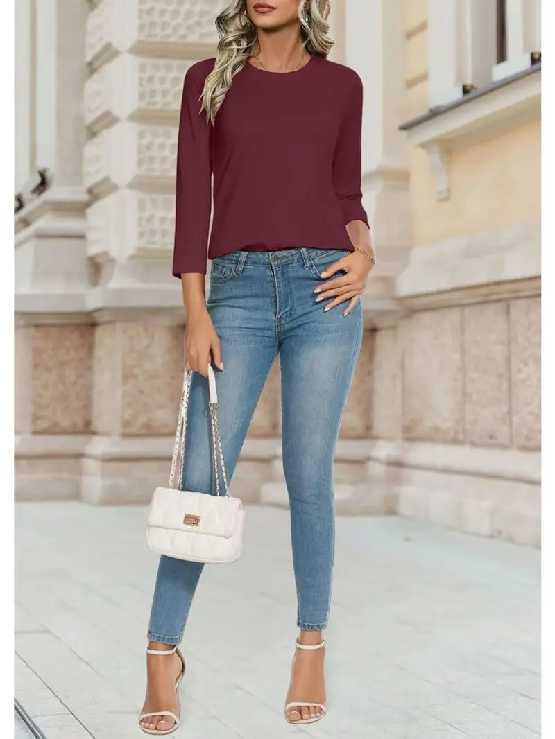 Women's Elegant Simple Commuter Round Neck Long Sleeve Daily T-Shirt Top