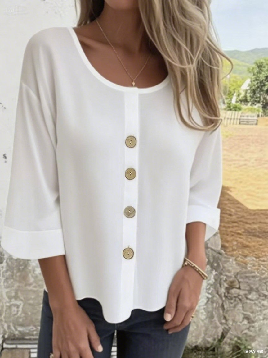 Women's Three Quarter Sleeve Shirt Spring/Fall Light Blue Plain Split Joint Cotton Crew Neck Daily Going Out Casual Top