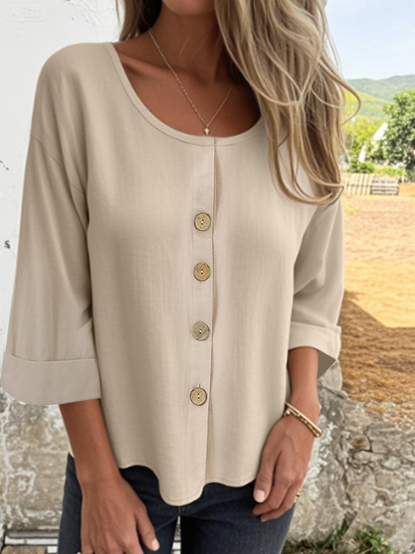 Women's Three Quarter Sleeve Shirt Spring/Fall Light Blue Plain Split Joint Cotton Crew Neck Daily Going Out Casual Top