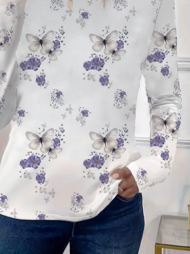 Women's Floral Butterfly Print Casual Round Neck Long Sleeve T-Shirt