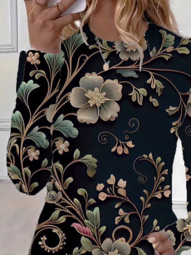 Women's Floral Print Casual Crew Neck Long Sleeve T-Shirt