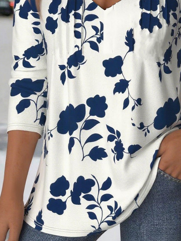 Print Casual V Neck Long Sleeve T-Shirt
