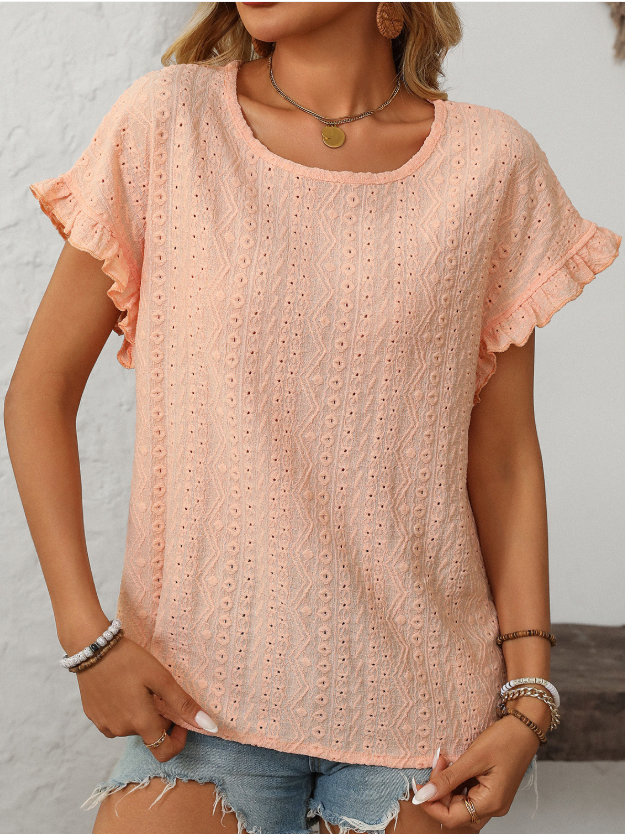 Women's Short Sleeve T-shirt Summer Orange Plain Jacquard Crew Neck Daily Going Out Casual Top