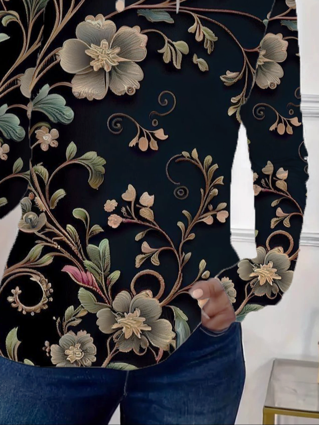 Women's Floral Print Casual Crew Neck Long Sleeve T-Shirt