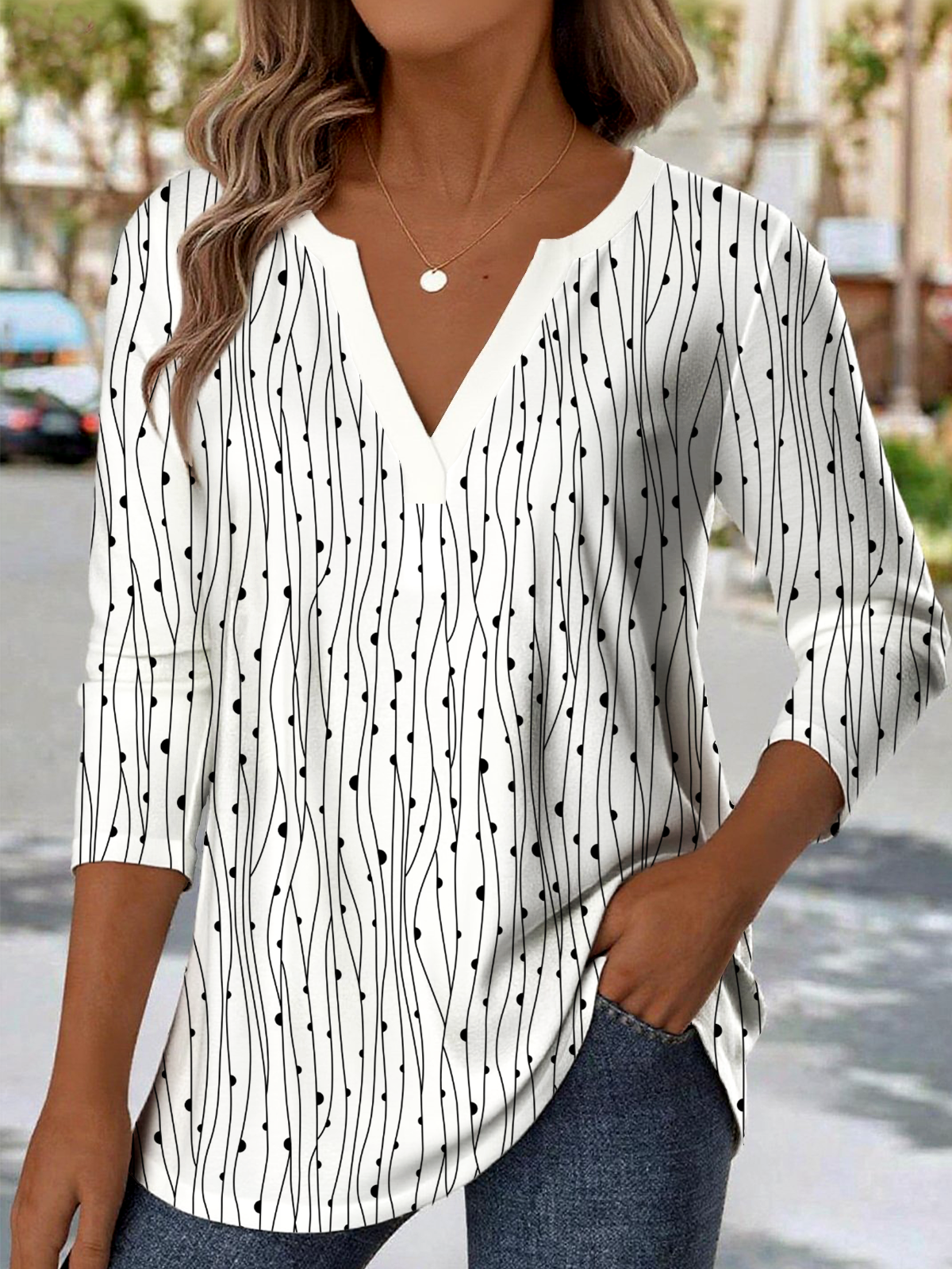 Print Casual V Neck Long Sleeve T-Shirt