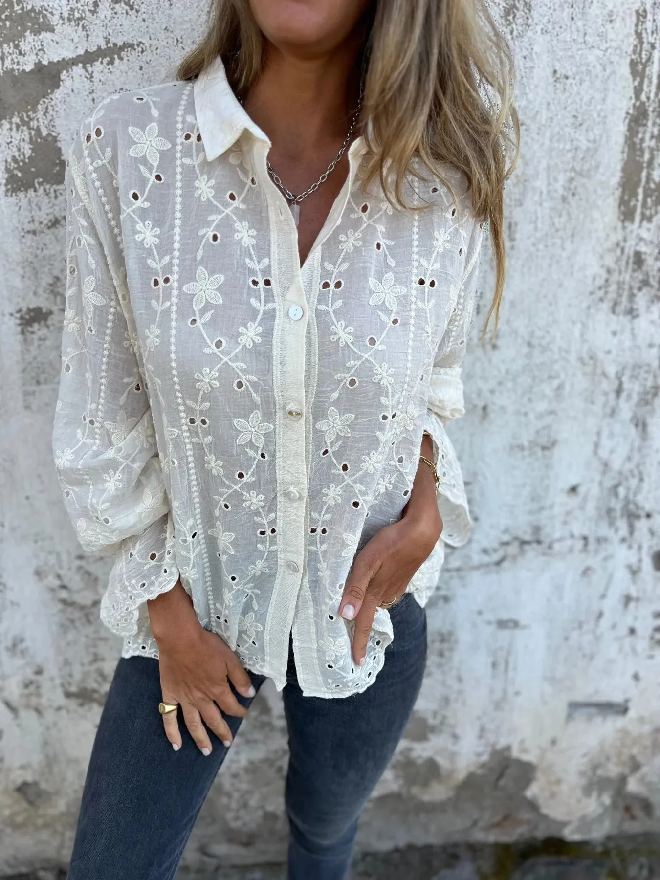 Women's Sweet Temperament Embroidered Hollow Cotton And Linen Holiday Shirt Casual Top