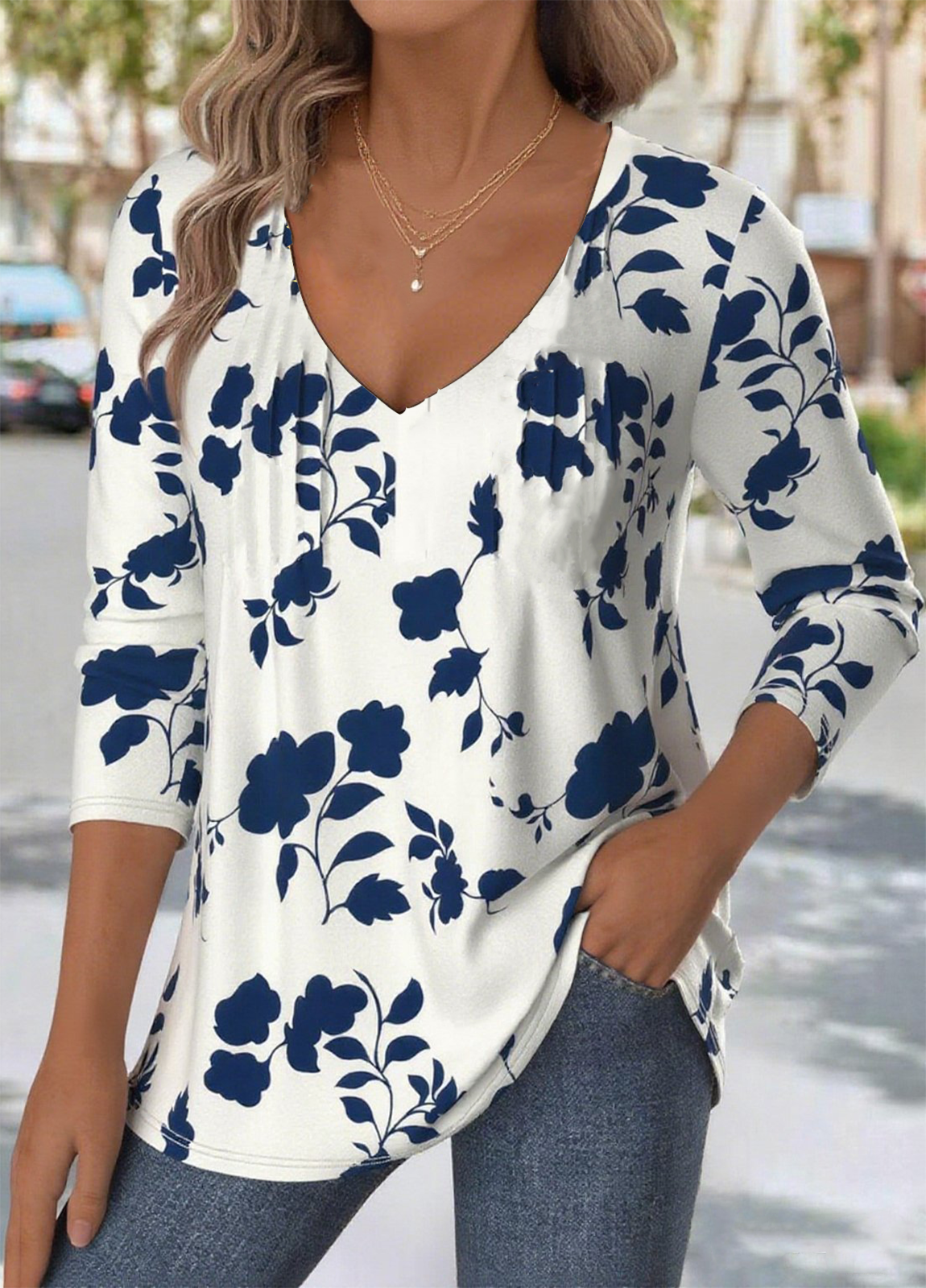 Print Casual V Neck Long Sleeve T-Shirt