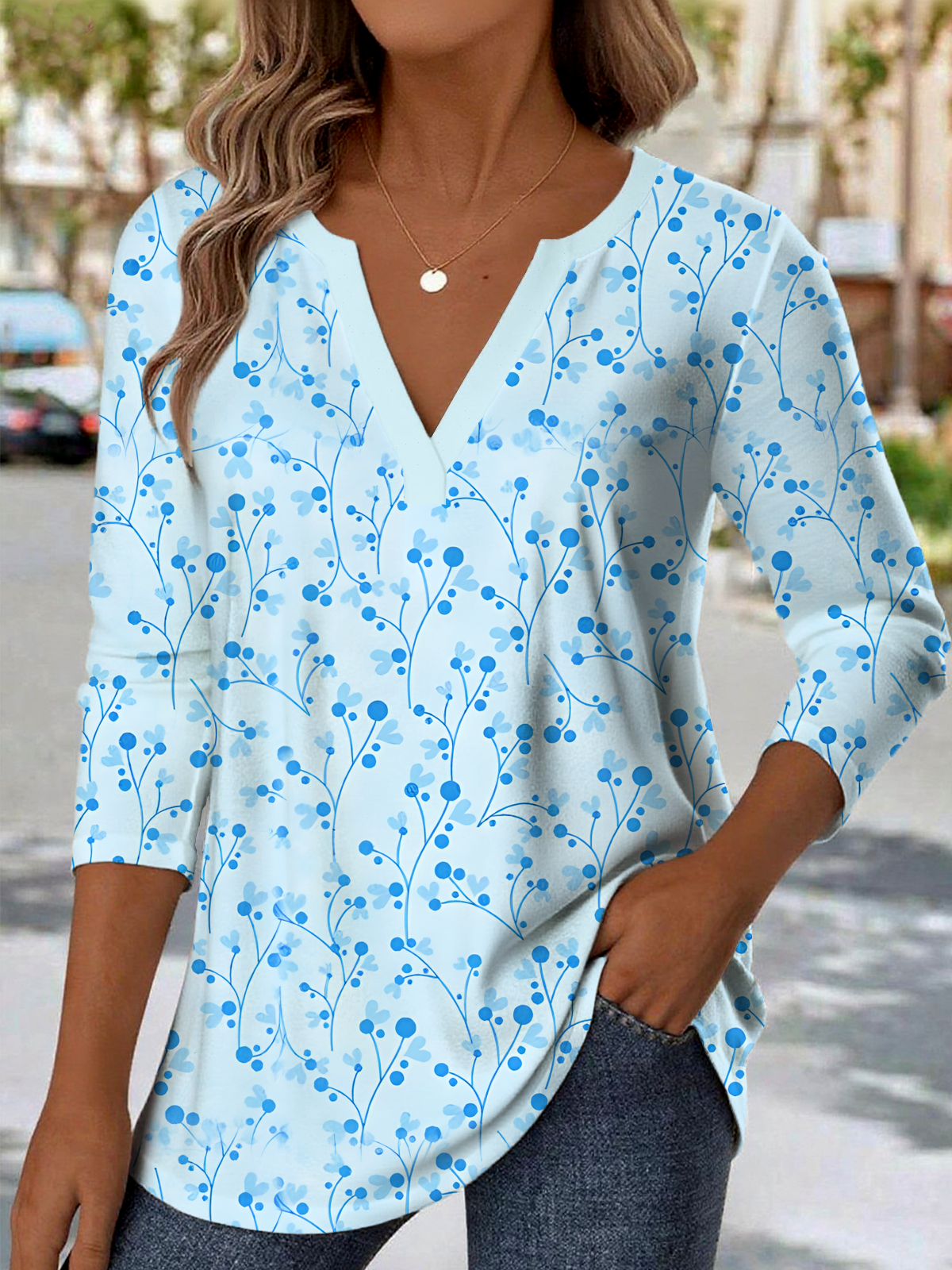 Print Casual V Neck Long Sleeve T-Shirt