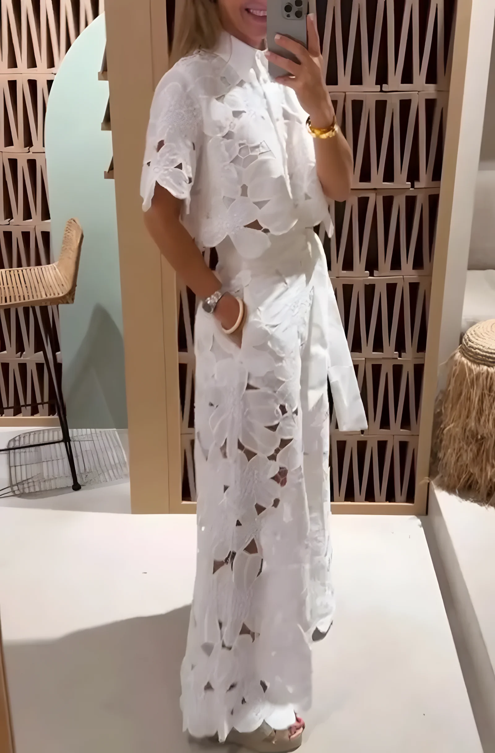 Women's Fashion Temperament Versatile Hollow Lace Solid Color Sexy Cardigan Top Wide-Leg Pants Two-Piece Set