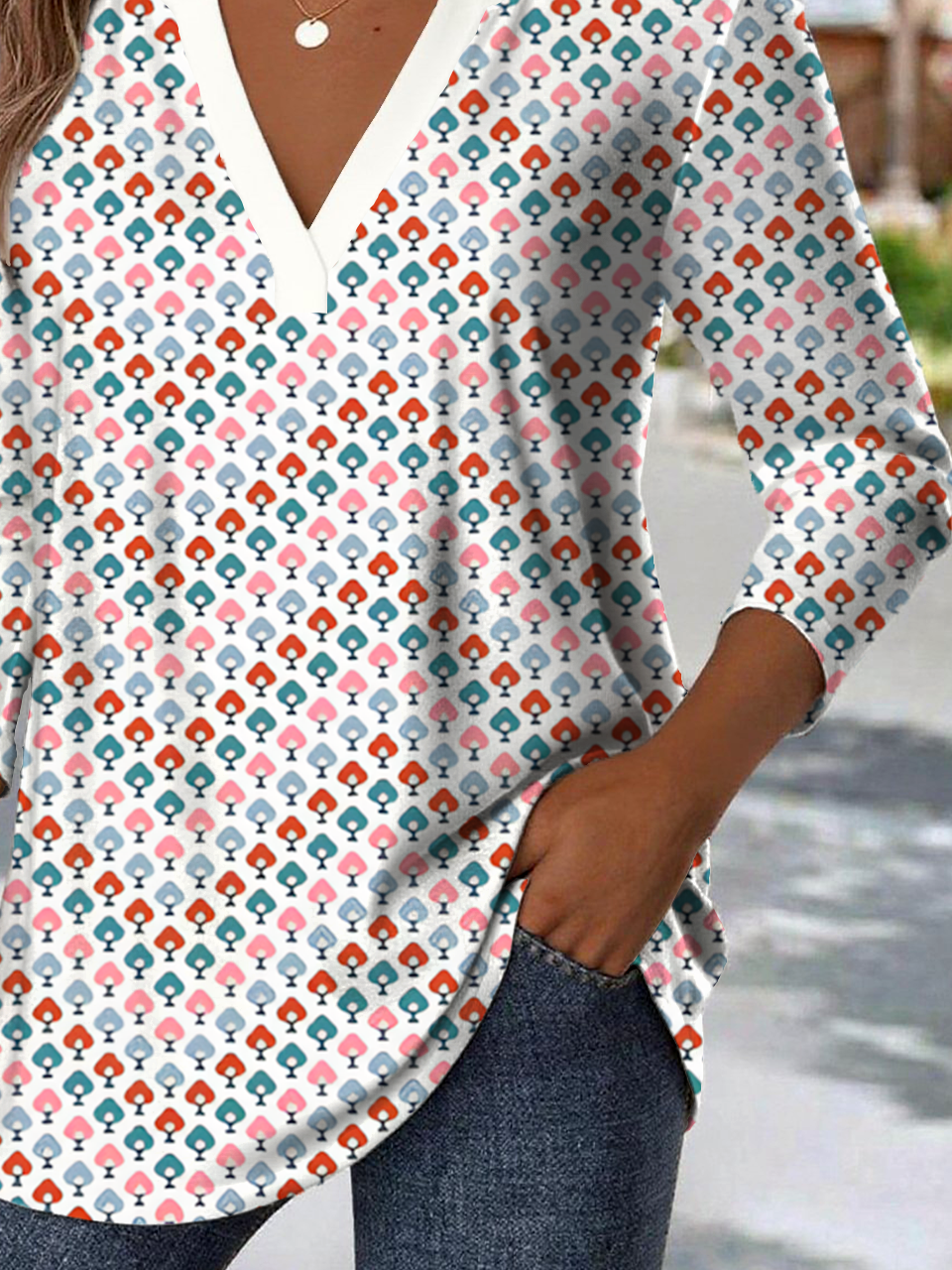 Print Casual V Neck Long Sleeve T-Shirt