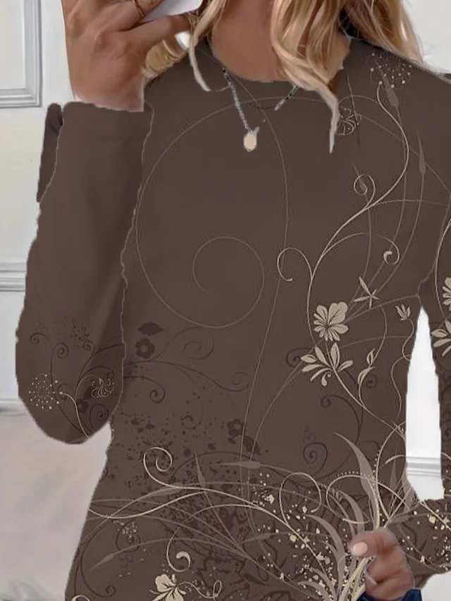 Women's Floral Print Casual Crew Neck Long Sleeve T-Shirt