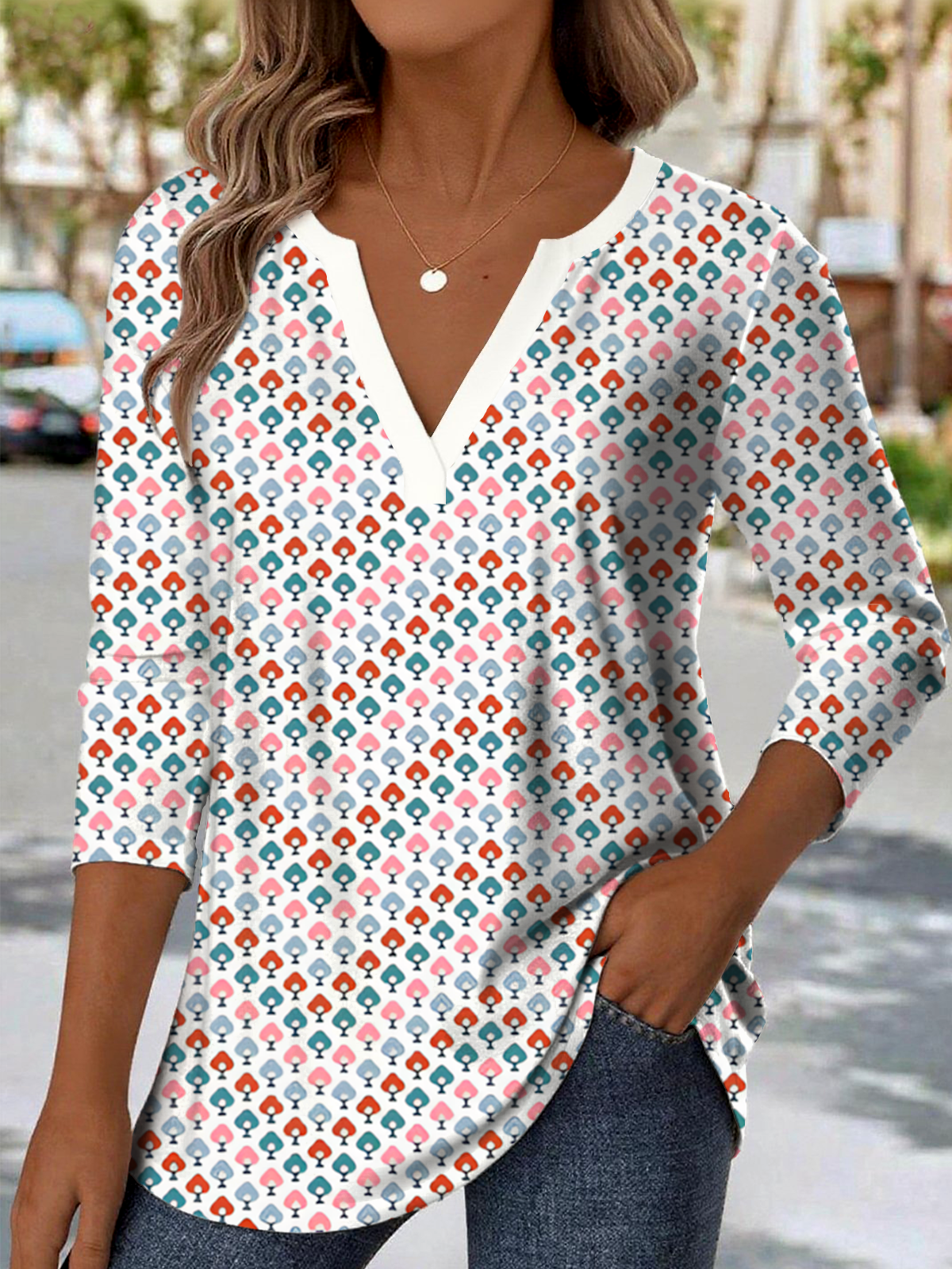 Print Casual V Neck Long Sleeve T-Shirt