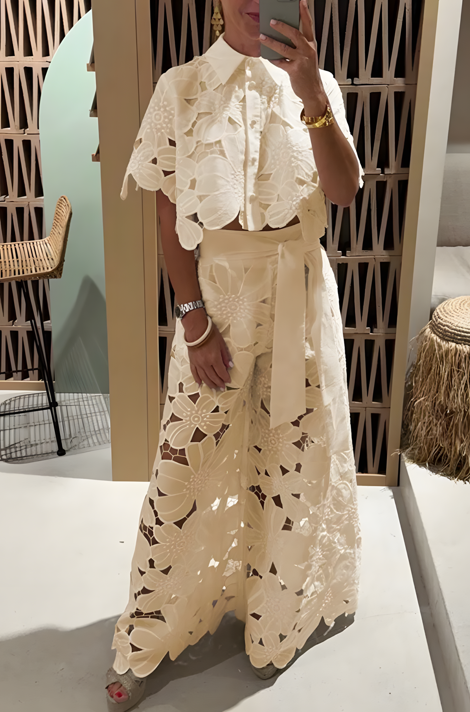 Women's Fashion Temperament Versatile Hollow Lace Solid Color Sexy Cardigan Top Wide-Leg Pants Two-Piece Set