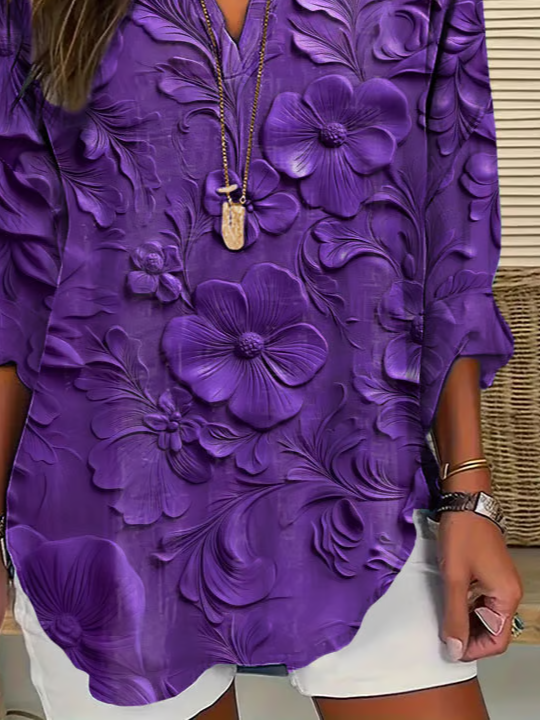 Women's Long Sleeve Blouse Spring/Fall Purple Floral Printing Cotton-Blend V Neck Daily Going Out Casual Top