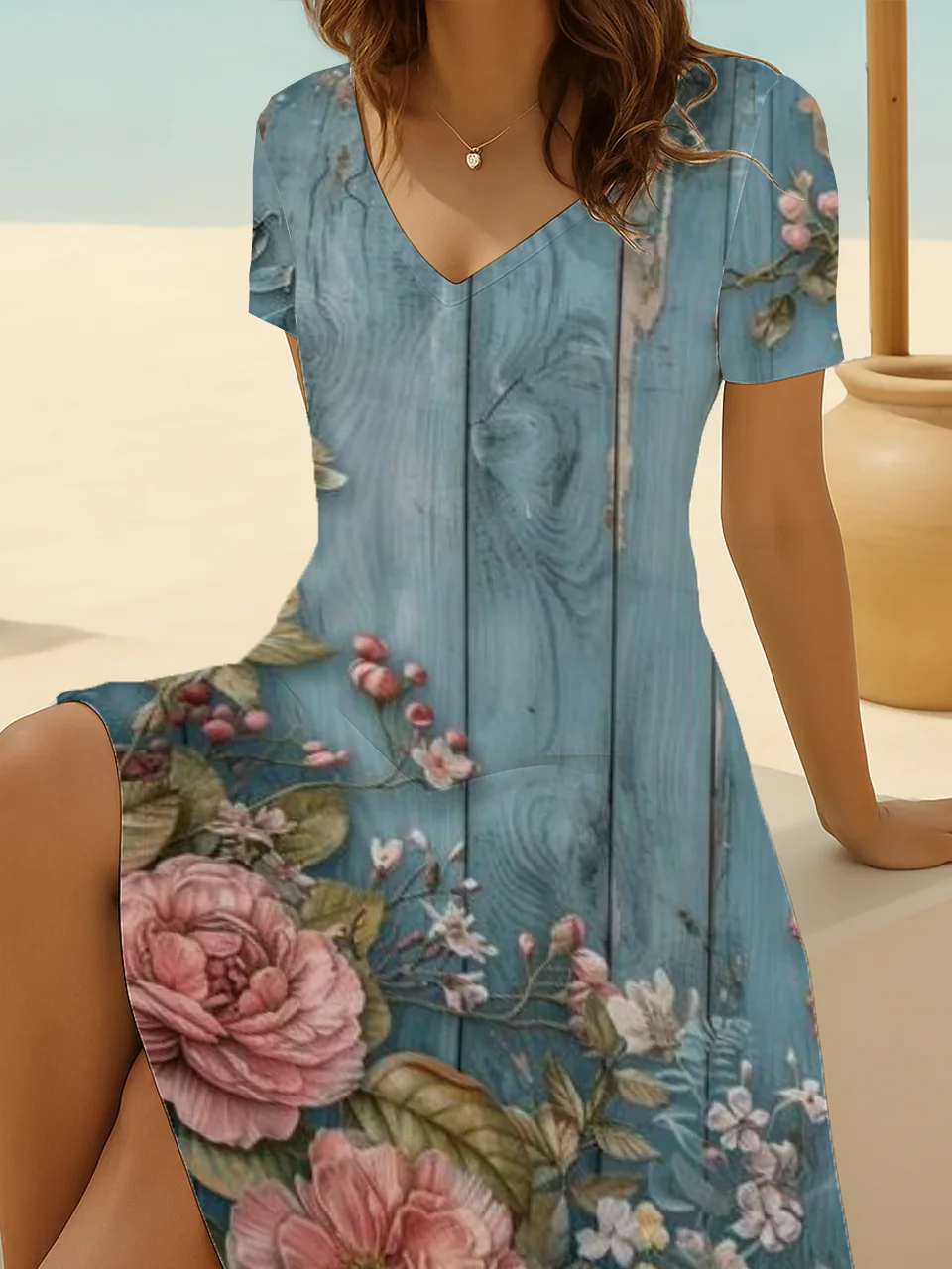 Women's Short Sleeve Summer Blue Floral Printing V Neck Daily Going Out Casual Midi A-Line Fit & Flare Dress Dress
