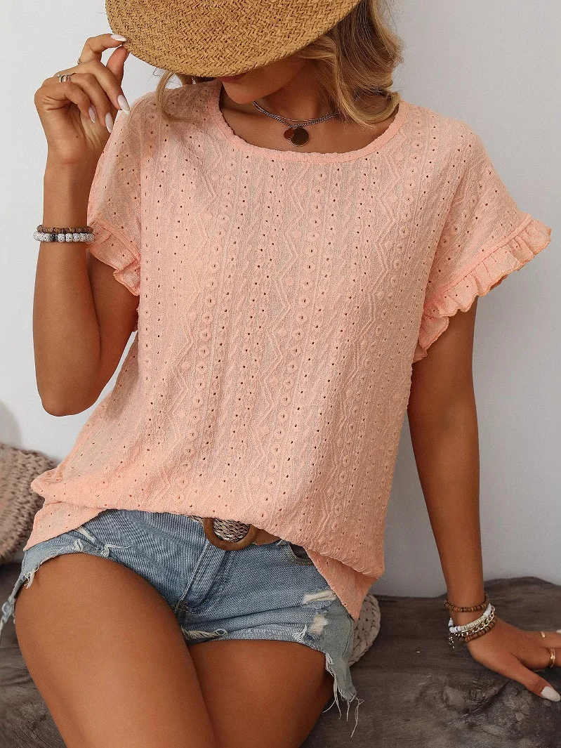 Women's Short Sleeve T-shirt Summer Orange Plain Jacquard Crew Neck Daily Going Out Casual Top