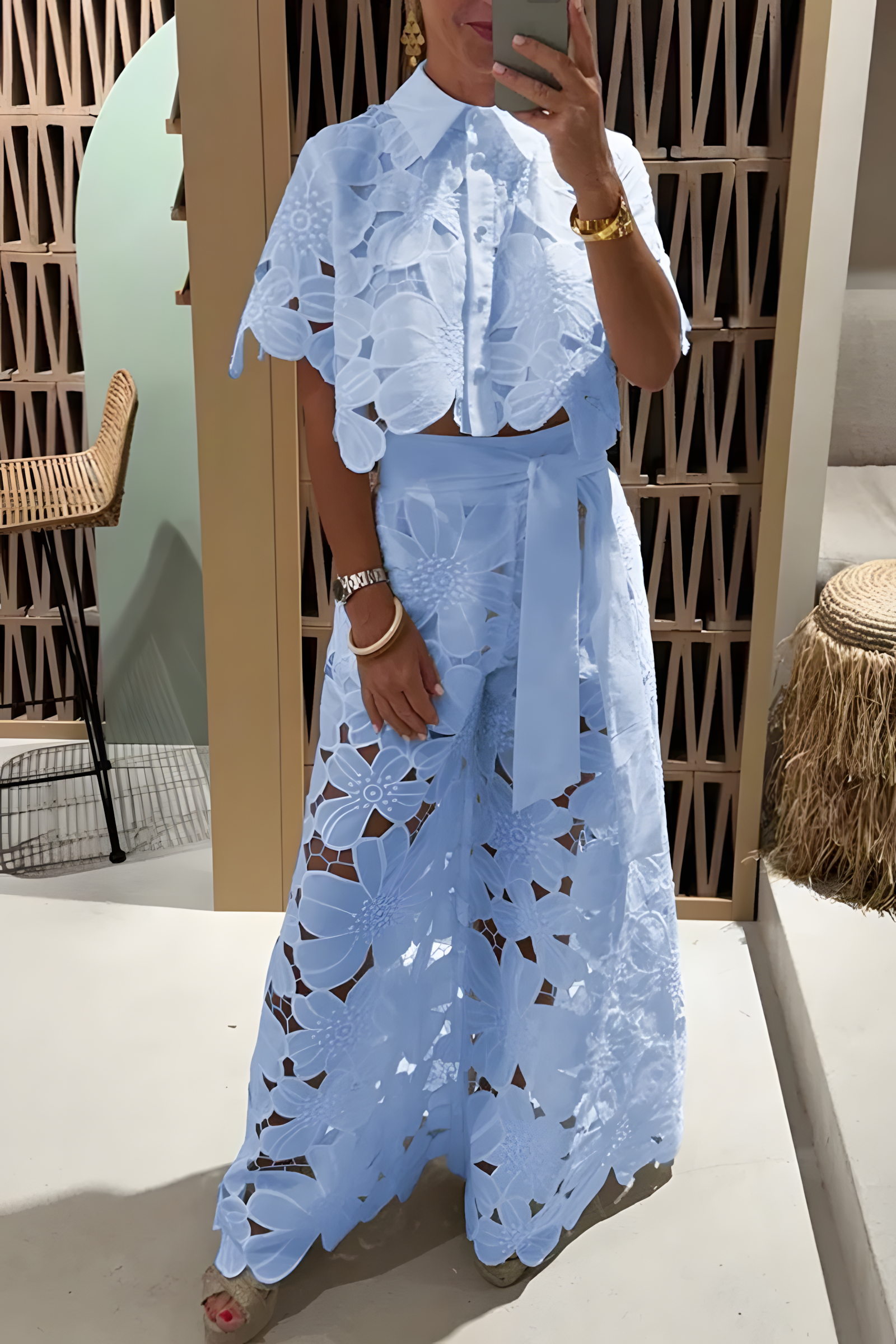 Women's Fashion Temperament Versatile Hollow Lace Solid Color Sexy Cardigan Top Wide-Leg Pants Two-Piece Set