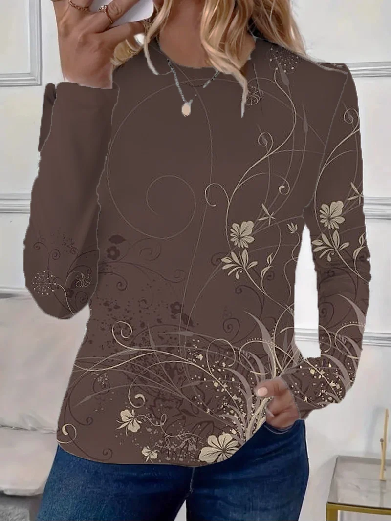 Women's Floral Print Casual Crew Neck Long Sleeve T-Shirt