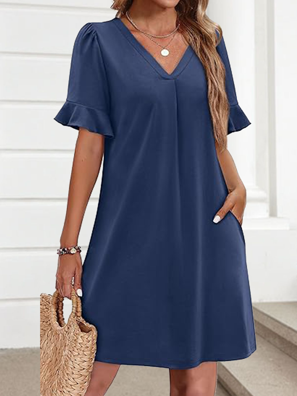 Regular Fit Cotton V Neck Casual Dress With No