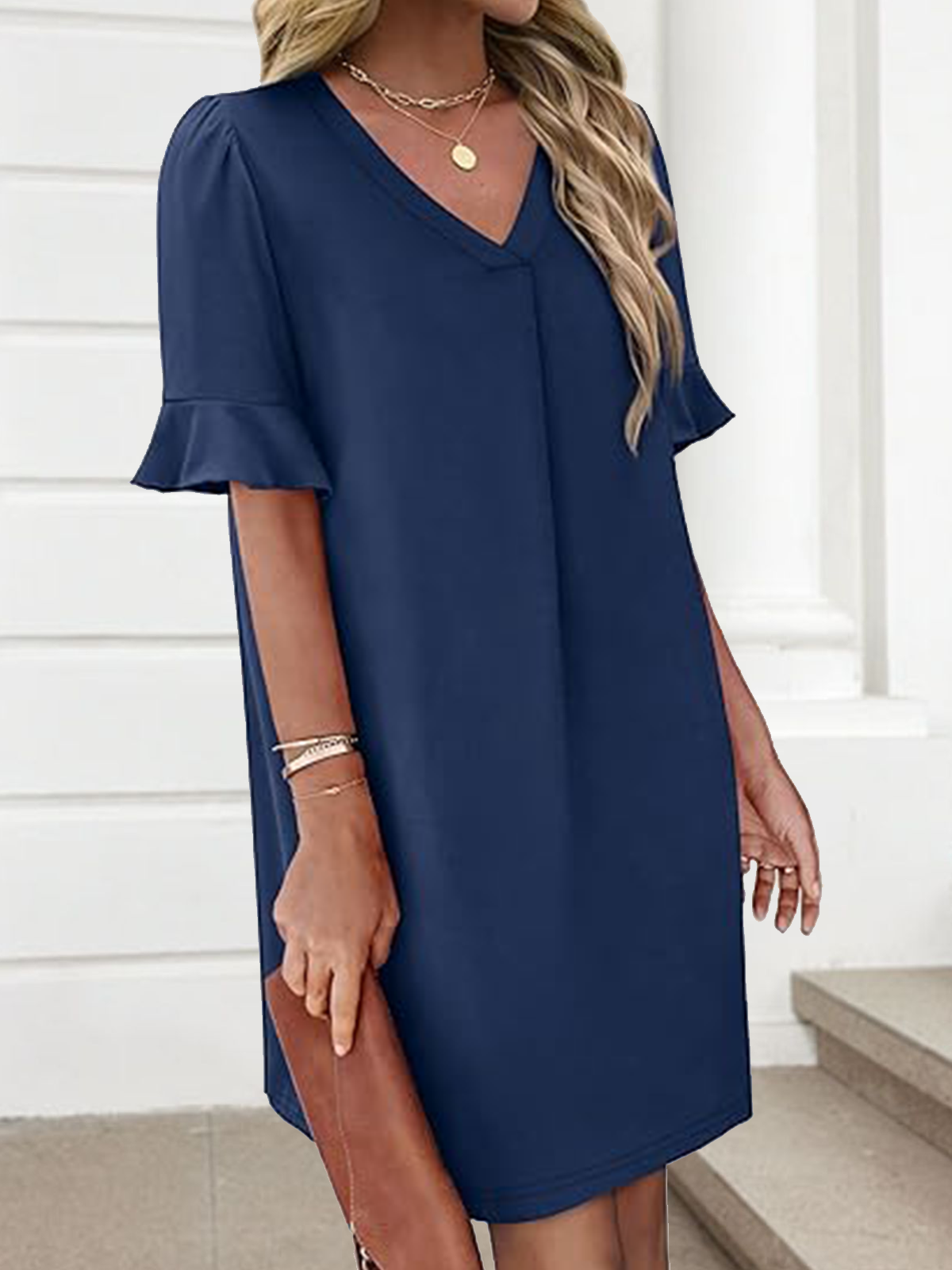 Regular Fit Cotton V Neck Casual Dress With No