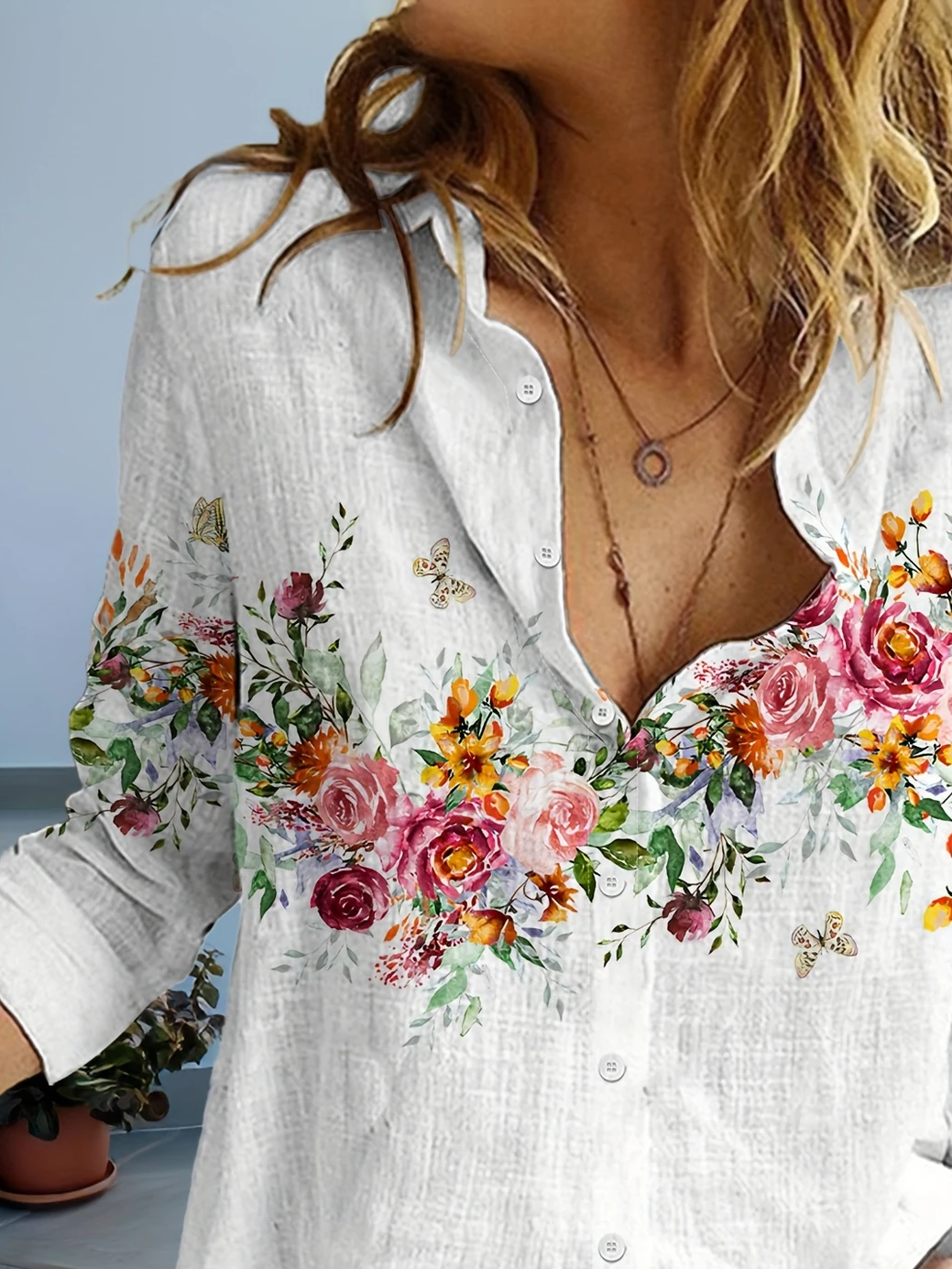 Women's Long Sleeve Shirt Spring/Fall White Floral Buckle Shirt Collar Daily Going Out Casual Top