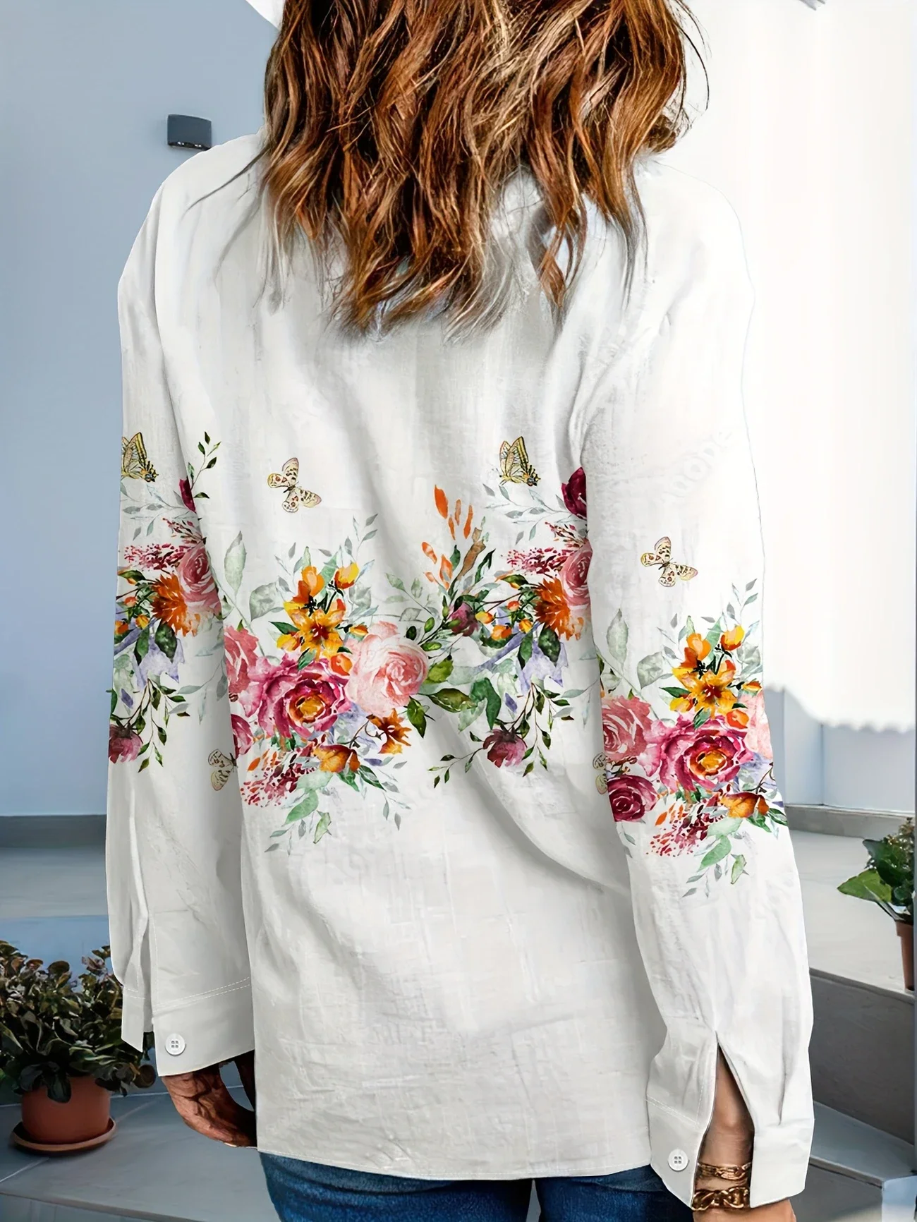 Women's Long Sleeve Shirt Spring/Fall White Floral Buckle Shirt Collar Daily Going Out Casual Top