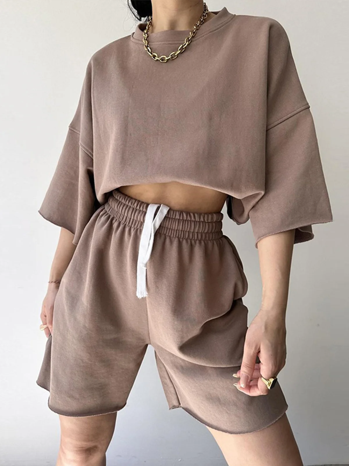 Casual Plain Crew Neck Two-Piece Set